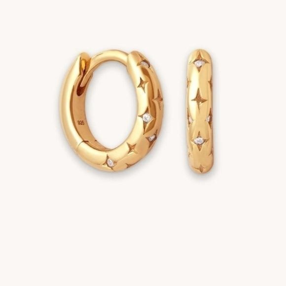 Minimalist Gold Tiny Huggie Hoop Earrings Star Engraved Cubic Zirconia Dainty - Picture 3 of 9